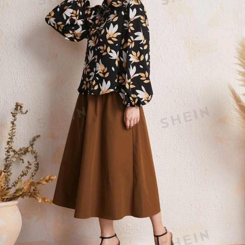 Leaf Print Lantern Sleeve Button Front Blouse & C… - image 3